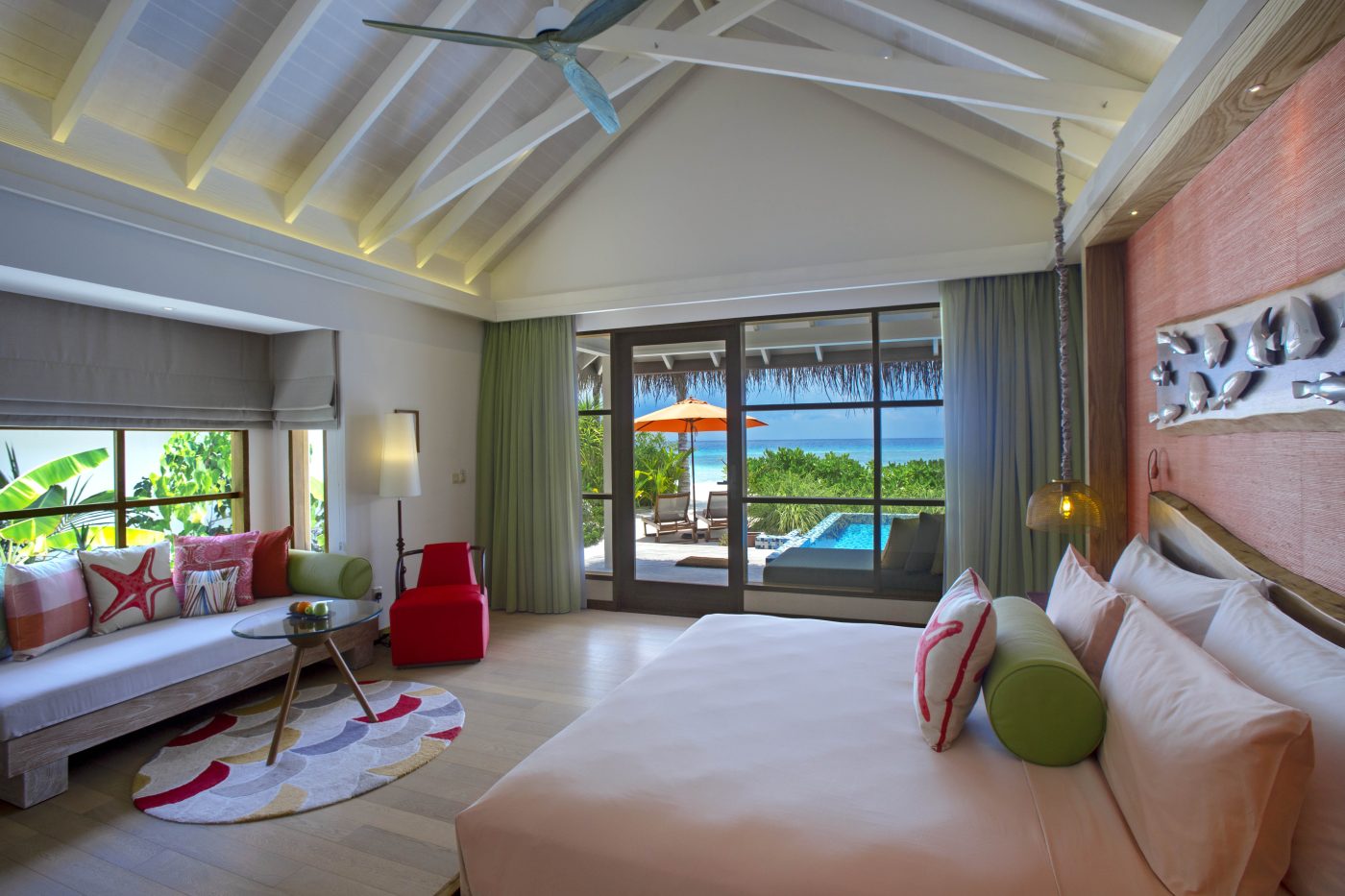 Beach Villa with Pool bedroom looking out to the garden